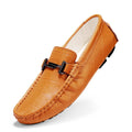 Men's leather loafers with belt buckle detail in multiple colours showing slip-on design