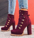 Women's suede high-heel boots in army green with thick heel, round toe, and belt buckle