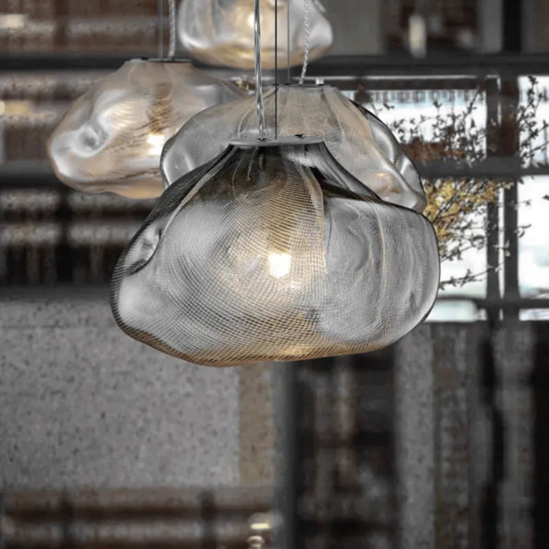 Modern fabric chandelier with glass shade in amber, clear or smoke grey colour options