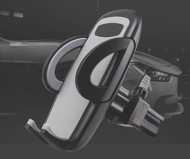Black car phone holder clipped to air conditioning vent with smartphone secured in adjustable bracket