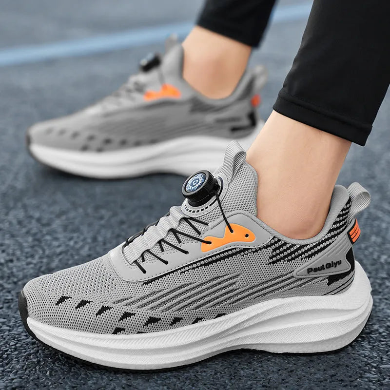 Men's rotating buckle fly-kit mesh sports running shoes in white green colour with low-top design