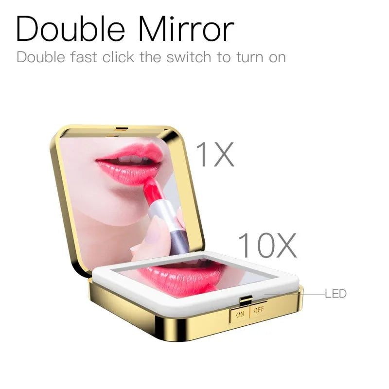 Black and white lighted makeup mirror with 4x magnification panel, HD mirror, and adjustable LED lights.