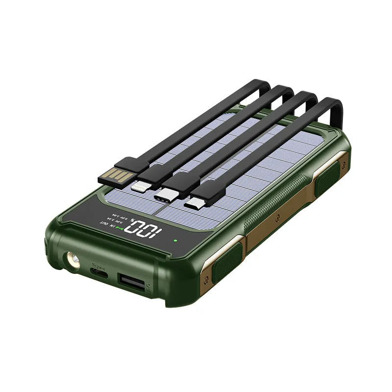 Military grade power bank in black, green, or orange colours showing size and USB port.