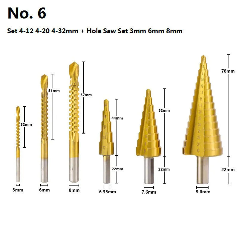High speed steel step drill bits and centre punch set for metal drilling applications