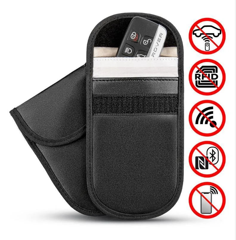 Black microfiber RFID signal blocker bag measuring 13.5 by 9.5 centimetres.