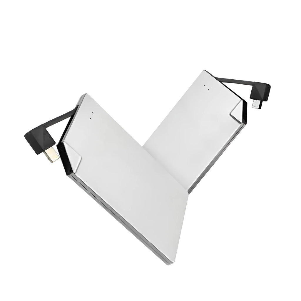 Silver aluminium graphene power bank showing slim 4mm profile with charging ports