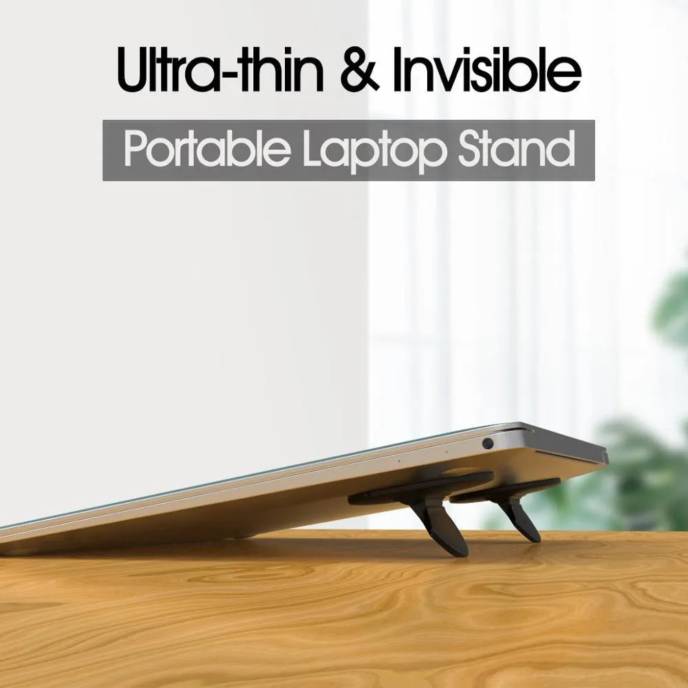 Two black ABS mini laptop stands on a desk, each 50x50x6.5mm, packaged as a 2-pack