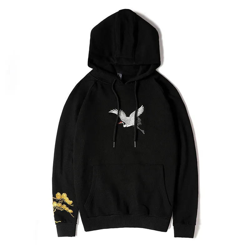Chinese style men's black cotton hooded sweatshirt with fairy embroidery and animal pattern, loose fit