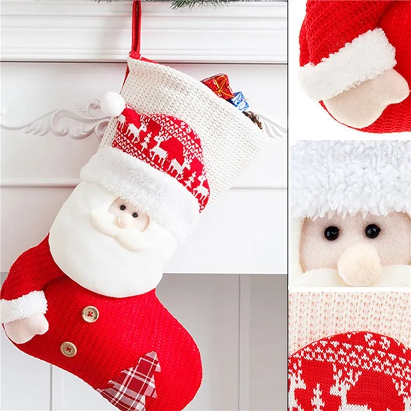 Large red and white knitted Christmas stocking with Santa Claus design for fireplace decoration