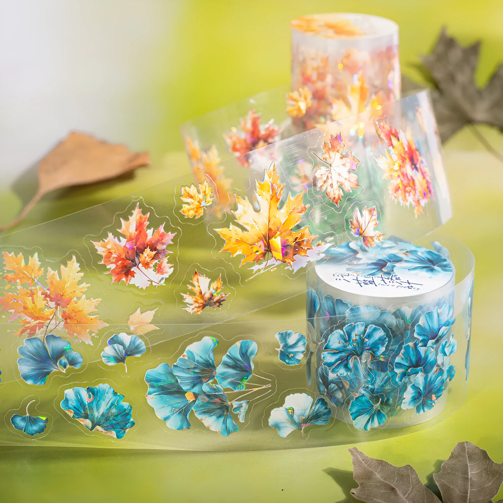 Roll of Deciduous Poetry Series decorative stickers showing leaf patterns including ginkgo and maple leaves.