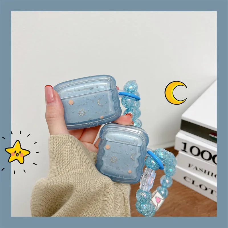 Wavy edge blue starry sky TPU soft shell earphone case for AirPods with chain