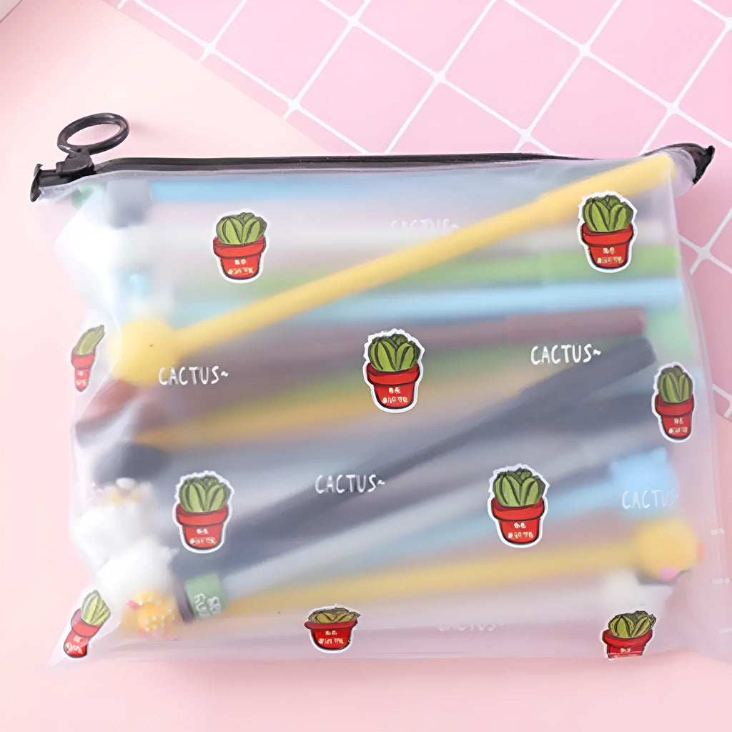 20 black ballpoint pens with cartoon cactus designs in a plastic storage case