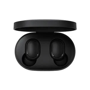 Redmi AirDots black true wireless earbuds and charging case on a table.