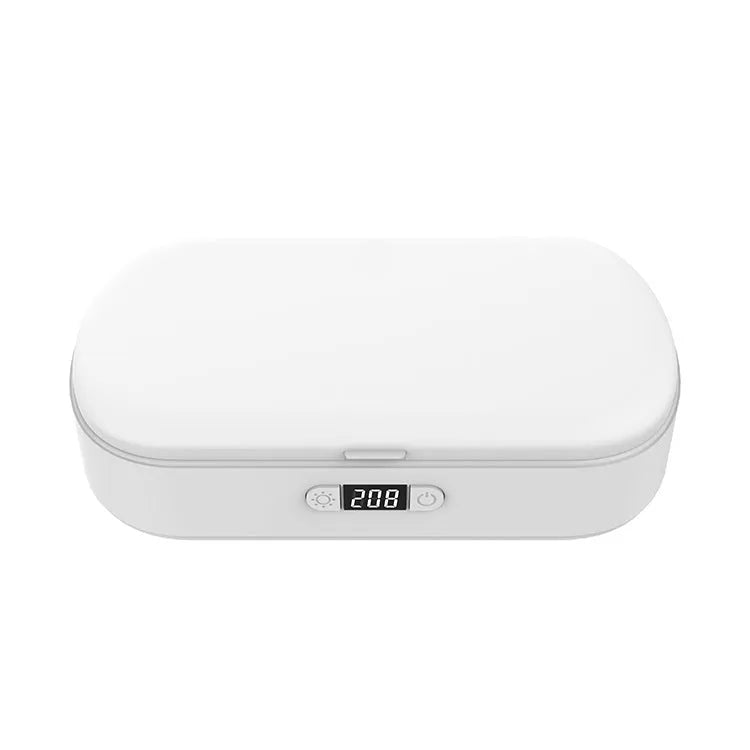 White portable UV steriliser box with wireless charging and aromatherapy function for phones and jewellery