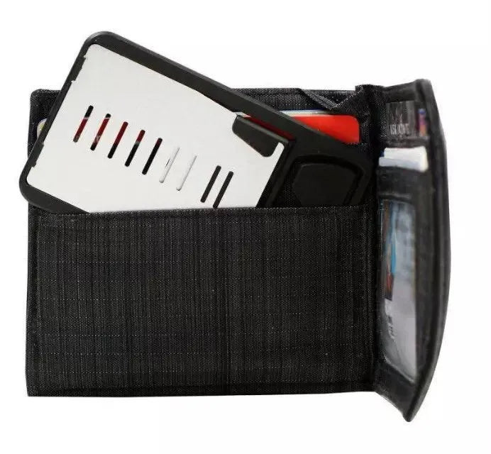 Black card phone holder bracket measuring 8.5cm by 5cm on desktop