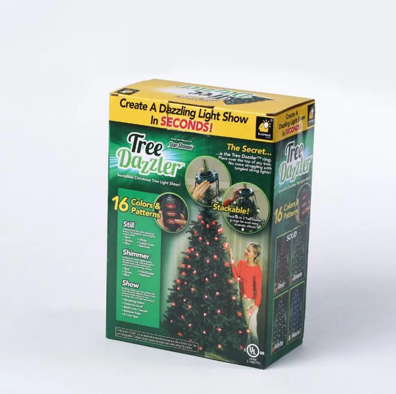 64 LED Christmas tree light string stretched out showing its 1.8 metre length and button control for dimming and colours.