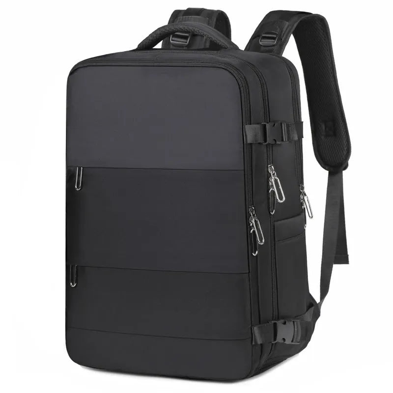 Large purple women's travel backpack with multiple pockets and air pillow belt on a grey background