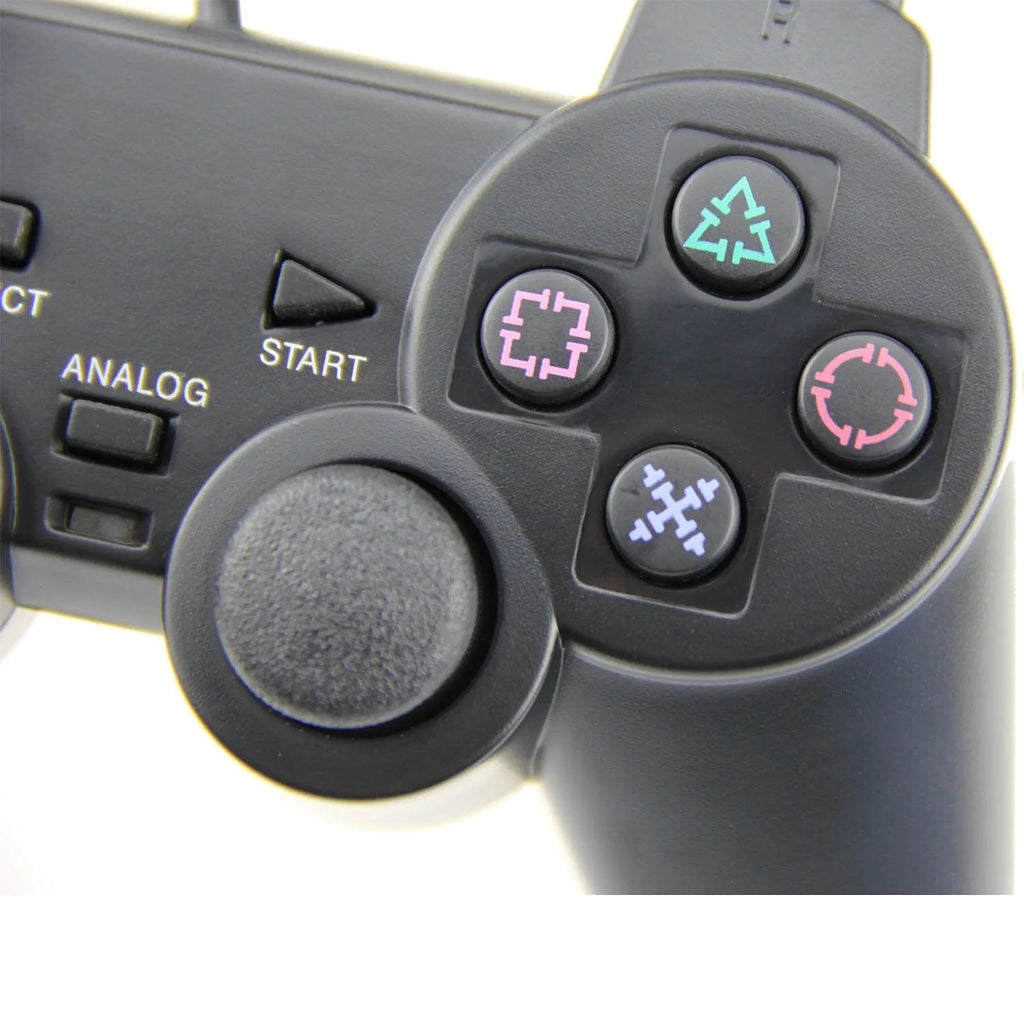 PS2 wired game controller with USB cable, shown in bare metal colour finish