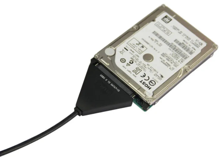 Black USB3.0 to SATA 7+15 pin hard drive adapter cable with a separate power connection line.