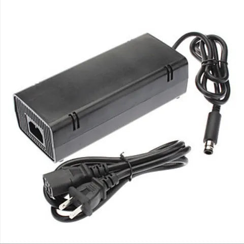 Black Xbox 360 E power adapter with direct plug design for 220V outlets