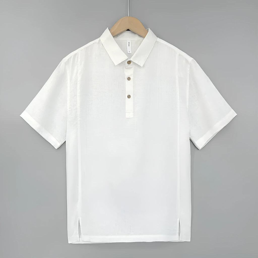 Men's light linen shirt with thin lapels and short sleeves in a loose summer fit.
