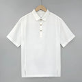 Men's light linen shirt with thin lapels and short sleeves in a loose summer fit.