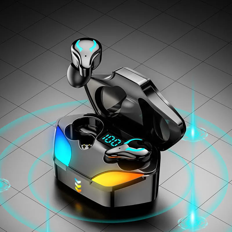 Black Bluetooth in-ear gaming headset with wireless design for mobile gaming