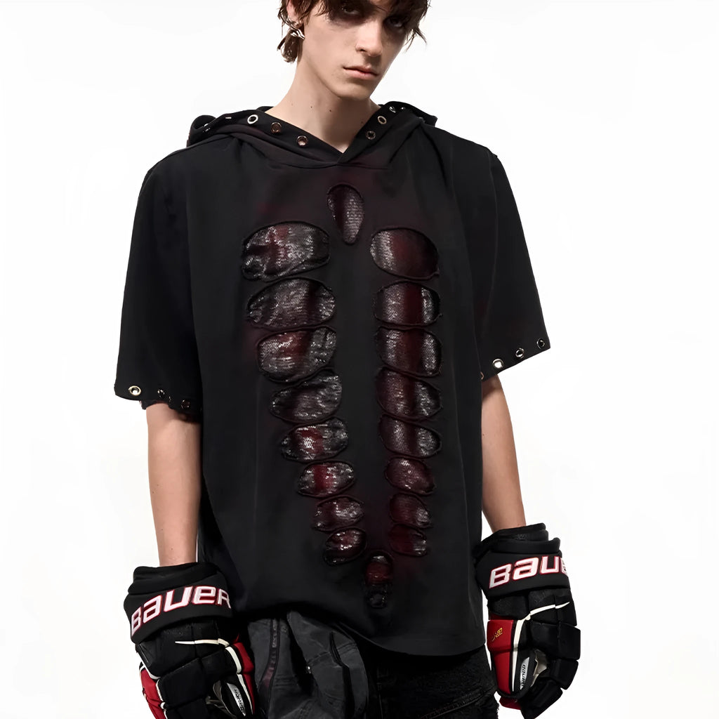 Black men's hooded T-shirt with short sleeves and all-over sequin design.