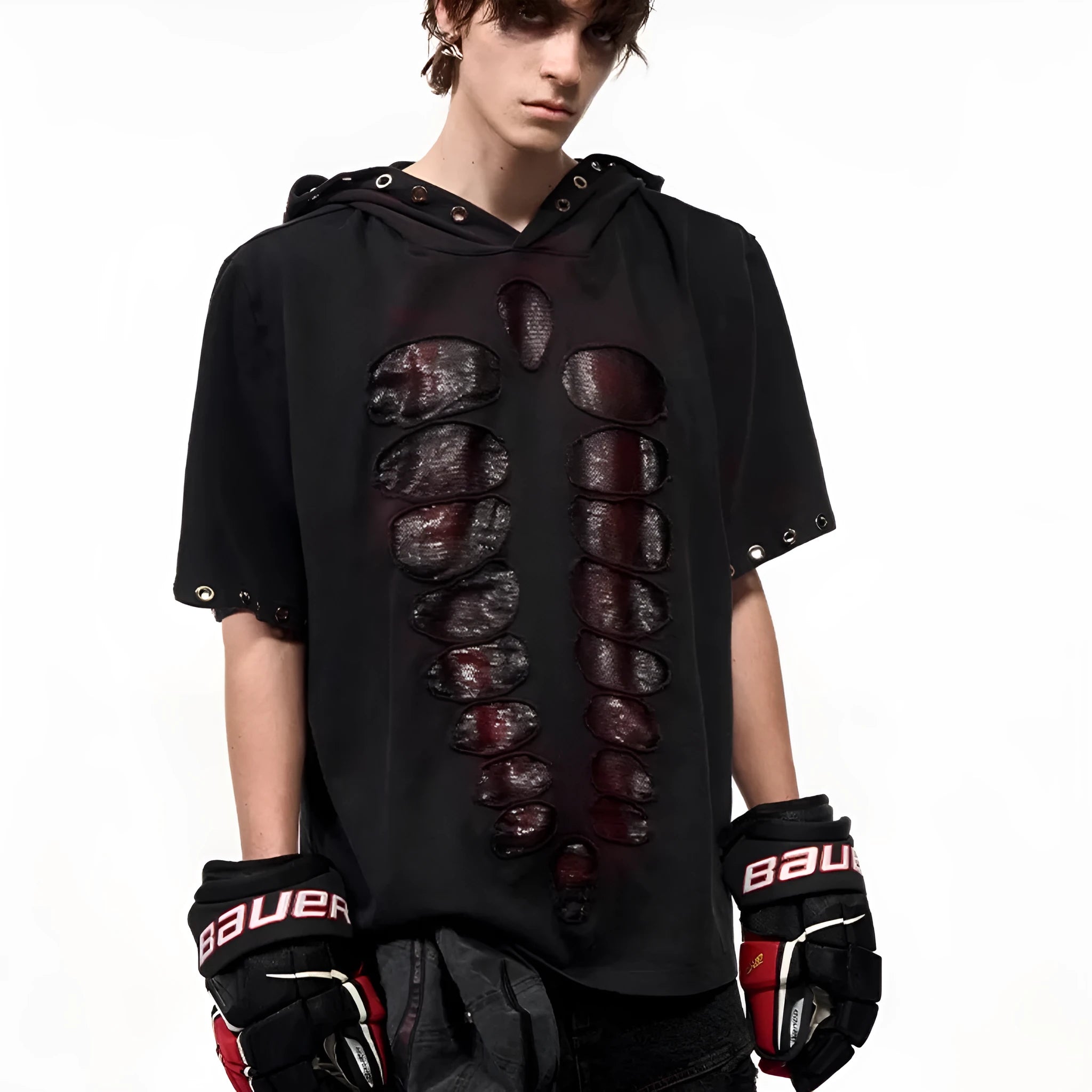 Black men's hooded T-shirt with short sleeves and all-over sequin design.