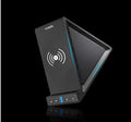 Black multifunction Bluetooth speaker with integrated mobile phone charging stand and holder.