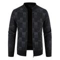 Men's fleece-lined thickened baseball collar plaid knitted cardigan in slim fit, available in brown, navy blue, dark gray, and burgundy.