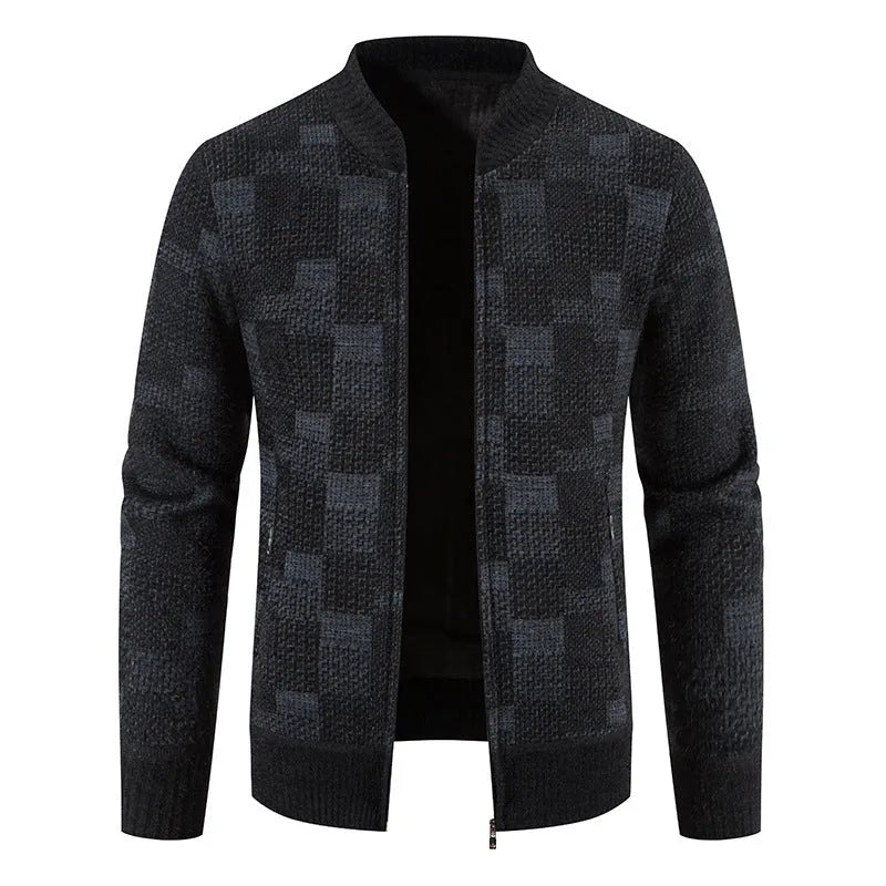 Men's fleece-lined thickened baseball collar plaid knitted cardigan in slim fit, available in brown, navy blue, dark gray, and burgundy.