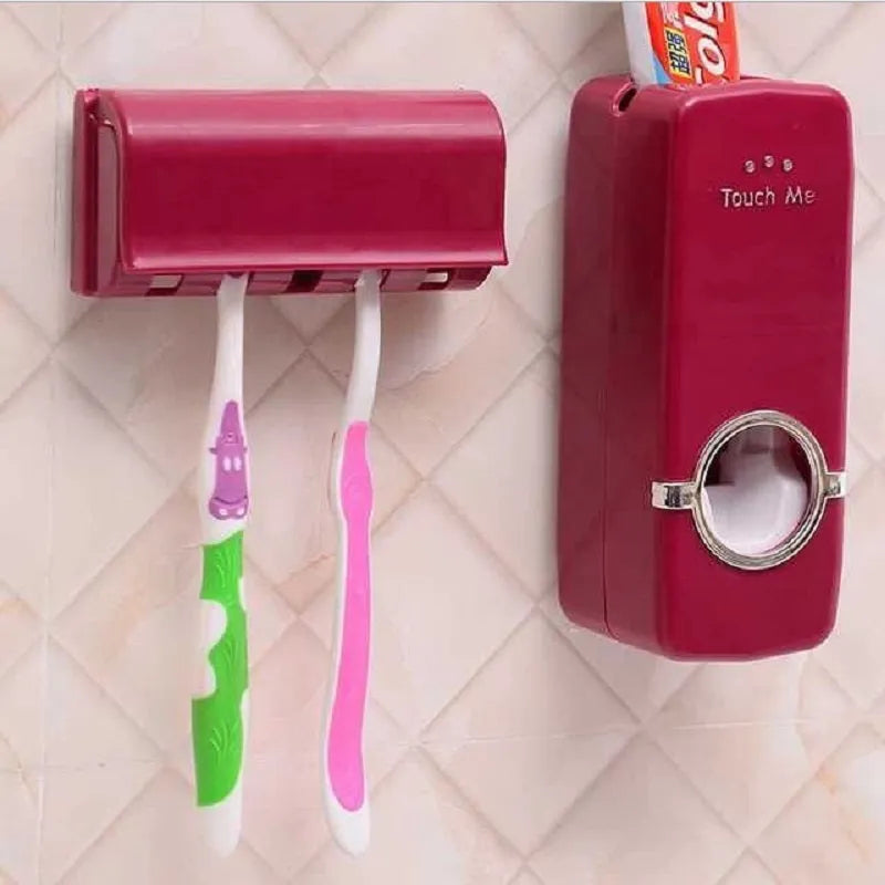 White and wine red adhesive plastic toothbrush holder for bathroom wall mounting.