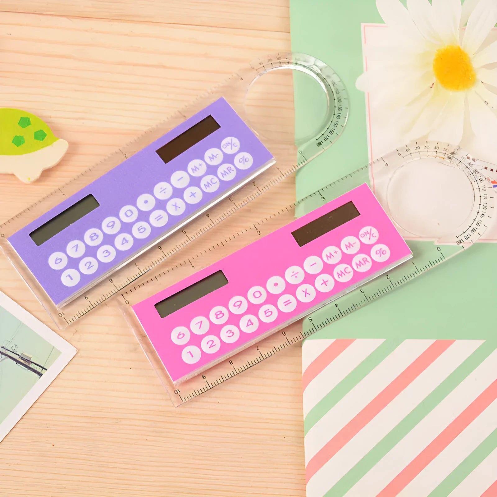 Ultra-thin transparent solar mini calculator with ruler and magnifier, 8-digit display, 12.7 cm long