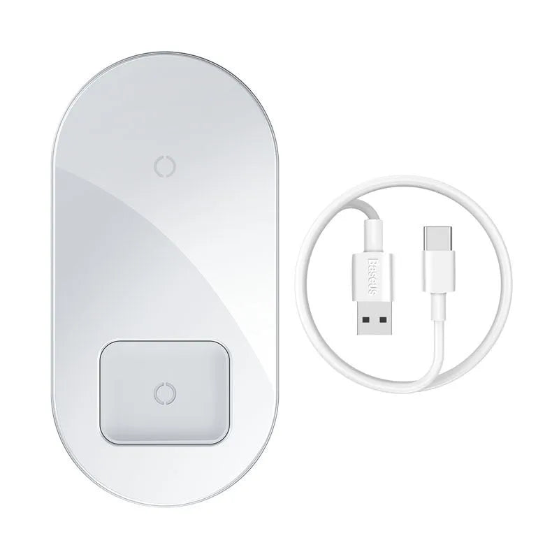 Two-in-one wireless charger, black aluminium and tempered glass, with charging light indicator, on a desk