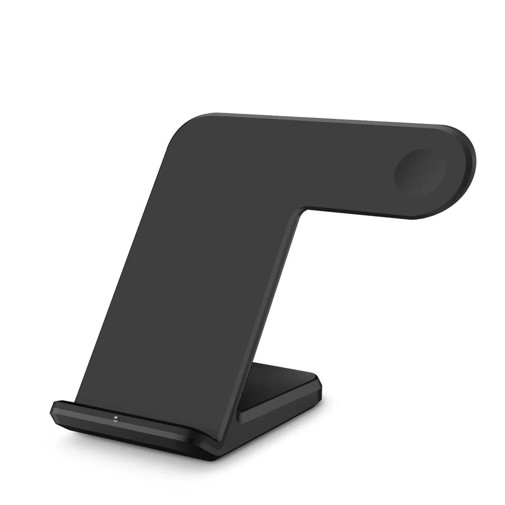 Black and white wireless phone charger with Type-C cable on a desk.