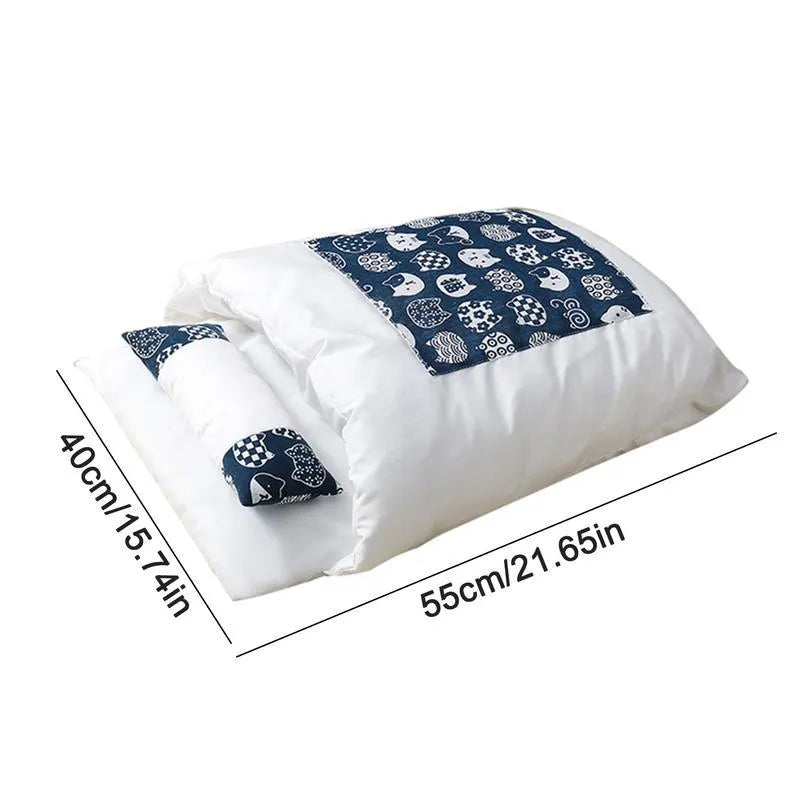 Grey enclosed winter cat bed with removable cover and pillow, shown in large size for dogs up to 11 kg.