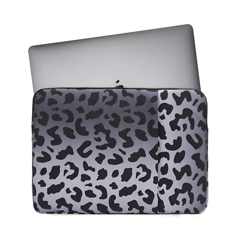 Leopard print laptop sleeve with shock-absorbing flannel and waterproof polyester lining