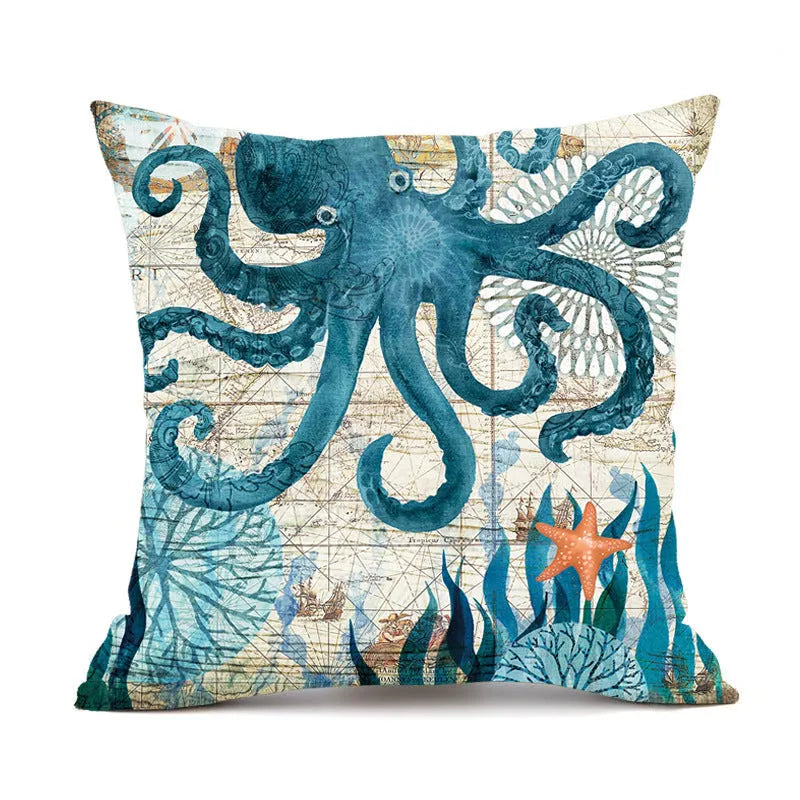 Sea turtle printed linen cushion cover 45x45cm with invisible zipper closure