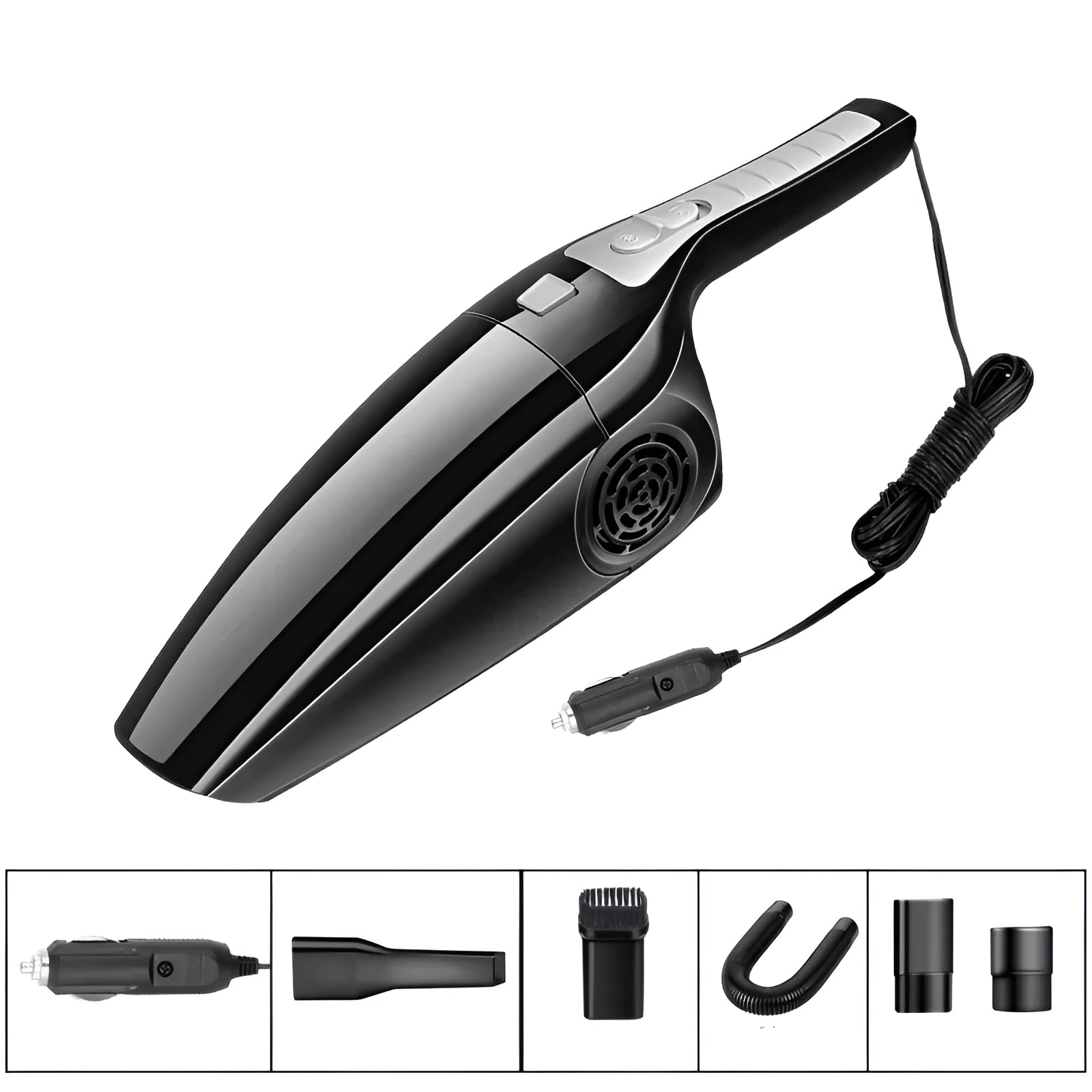 Black and orange cigarette lighter car vacuum cleaner showing 36cm length and portable design