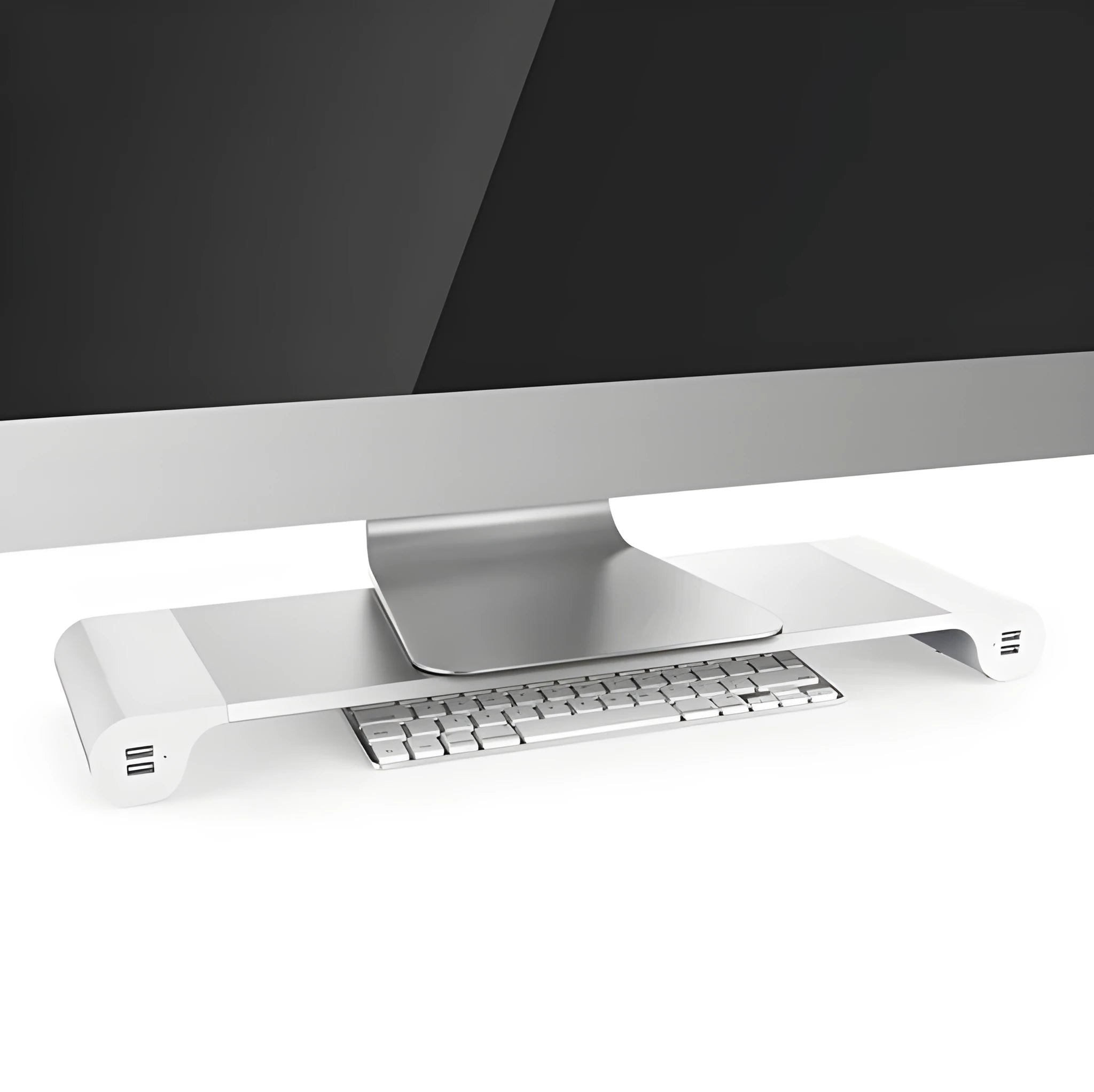 Silver and black computer monitor stand with USB charging ports and hidden keyboard storage compartment