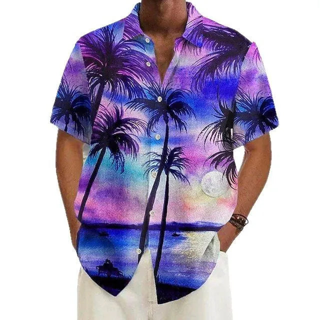 Men's printed polyester casual shirt shown in one of eight available colours, size range S to 4XL.