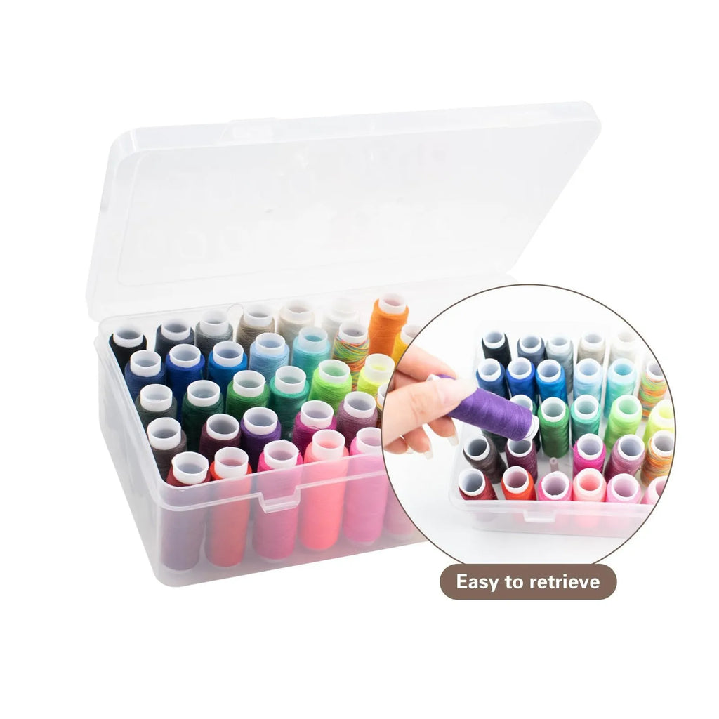 Plastic sewing storage box with 42 compartments for threads, in transparent, pink, or blue.