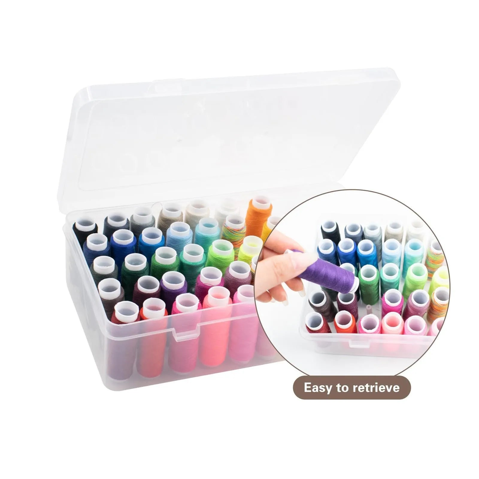 Plastic sewing storage box with 42 compartments for threads, in transparent, pink, or blue.