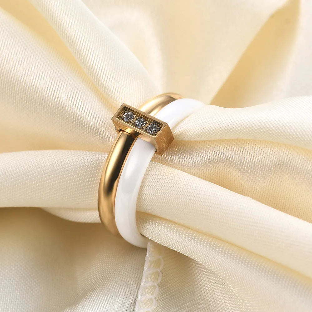 Ceramic women's ring with glossy stitching inlaid zirconium geometric design in steel black or gold white
