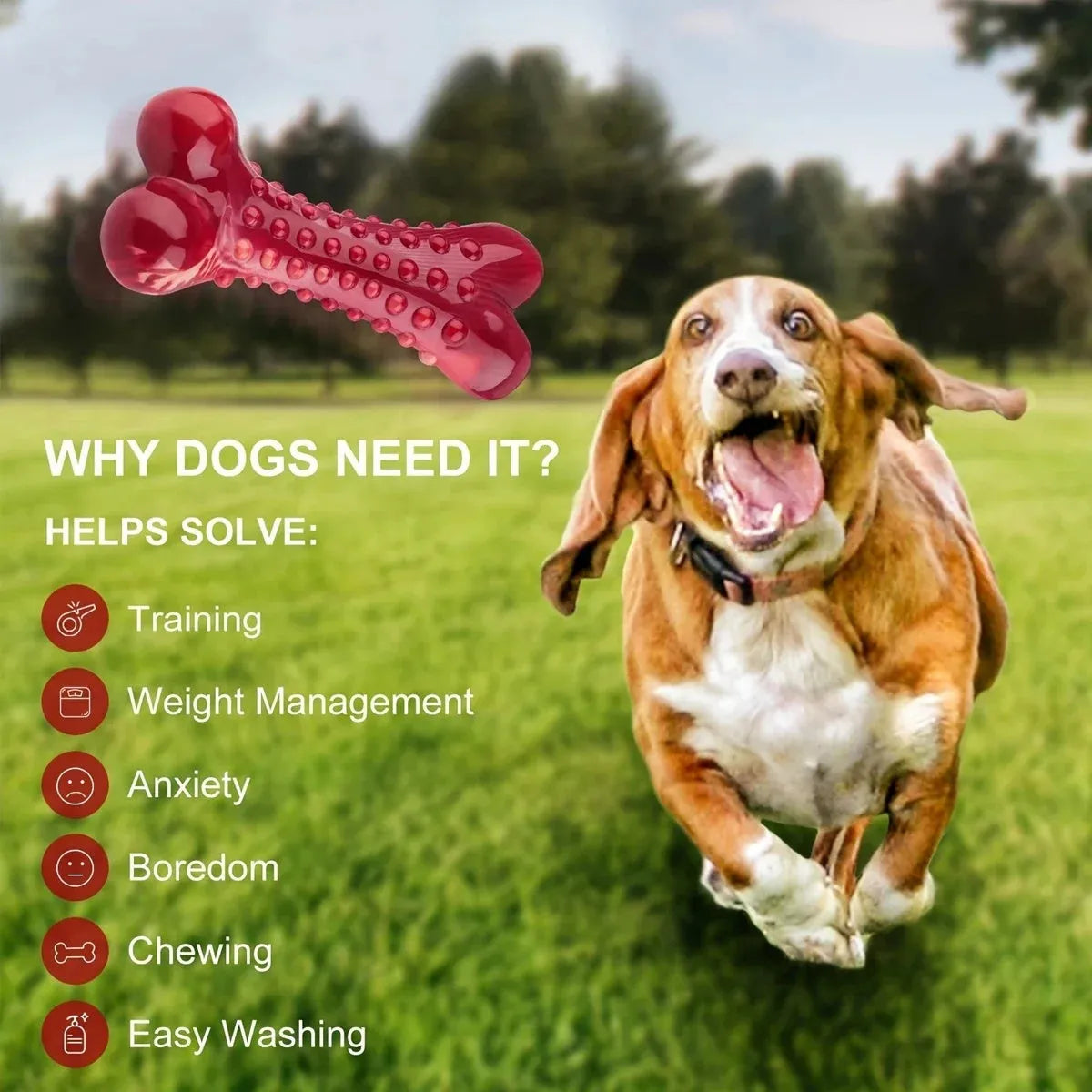 Red natural rubber chew toy for aggressive dogs measuring 4 inches in length