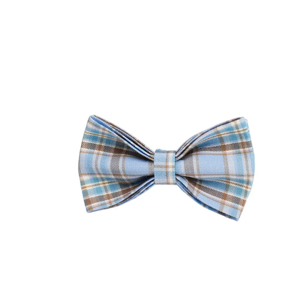Sky blue grid pattern cloth dog collar and leash set with matching vest and bow tie