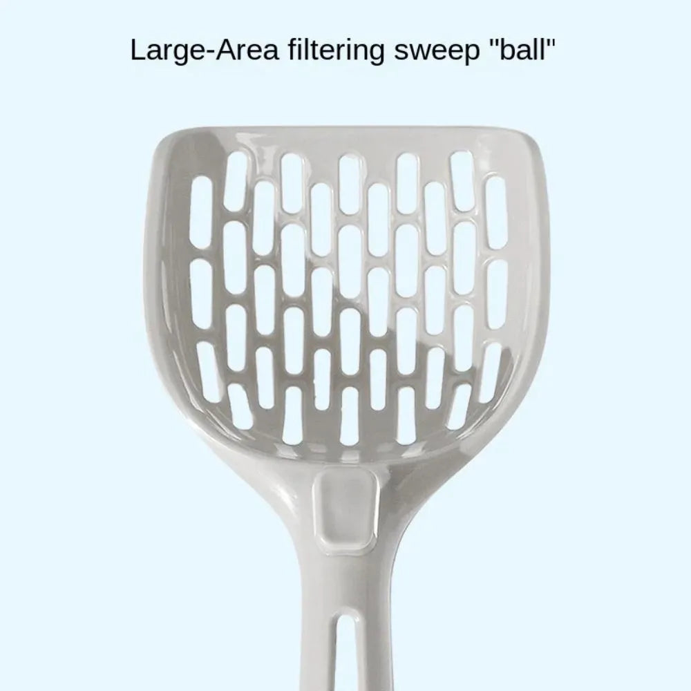 Grey plastic cat litter scoop standing upright in its attached storage base