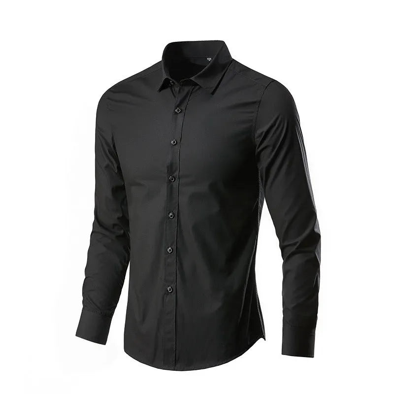 Man wearing a slim fit long sleeve linen blend shirt in a solid colour, showcasing the casual style.