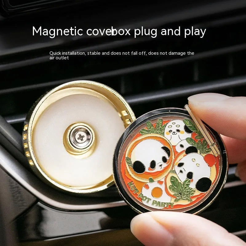 Panda hot pot shaped car air vent fragrance clip on a car vent with diatomaceous earth scent tablets.